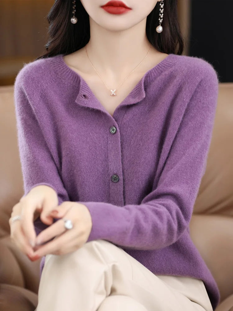 Merino wool O-neck sweater for women, known for its softness, warmth, and elegant drape