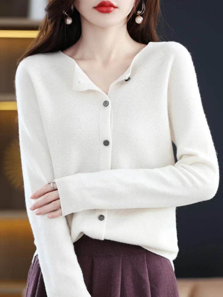 Vibrant colored women's merino wool O-neck sweater, a cozy and elegant knit pullover