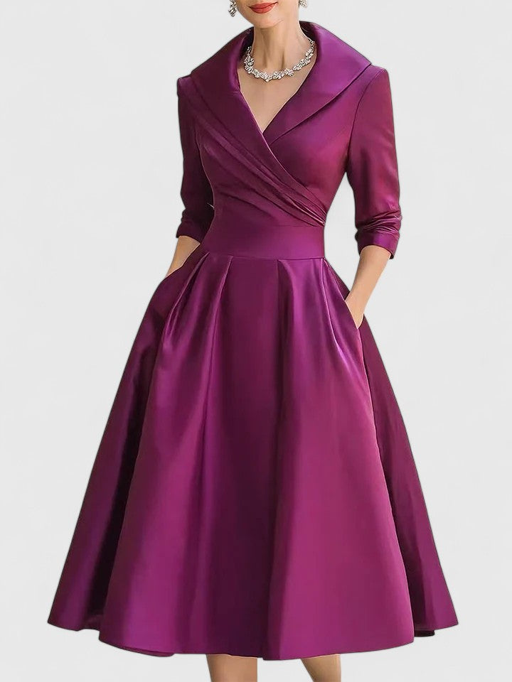 Wedding guest midi dress for women. Elegant formal wear, cocktail & evening party occasions. Classic style.