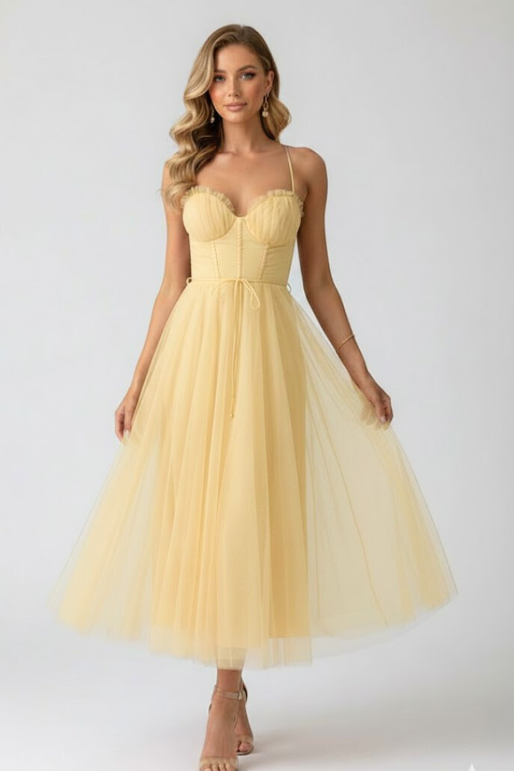 Sophisticated women's midi dress featuring a sweetheart neck & elegant layered skirt for formal events.