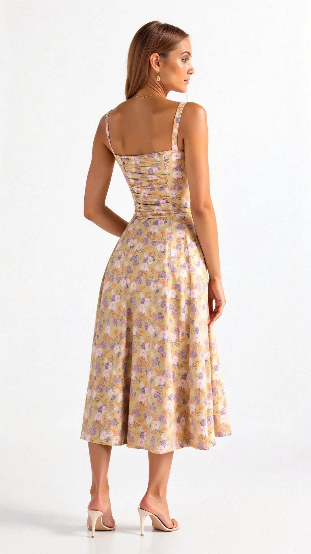 Casual yet elegant women's midi dress featuring a corset bodice, side slit, and comfortable adjustable straps.