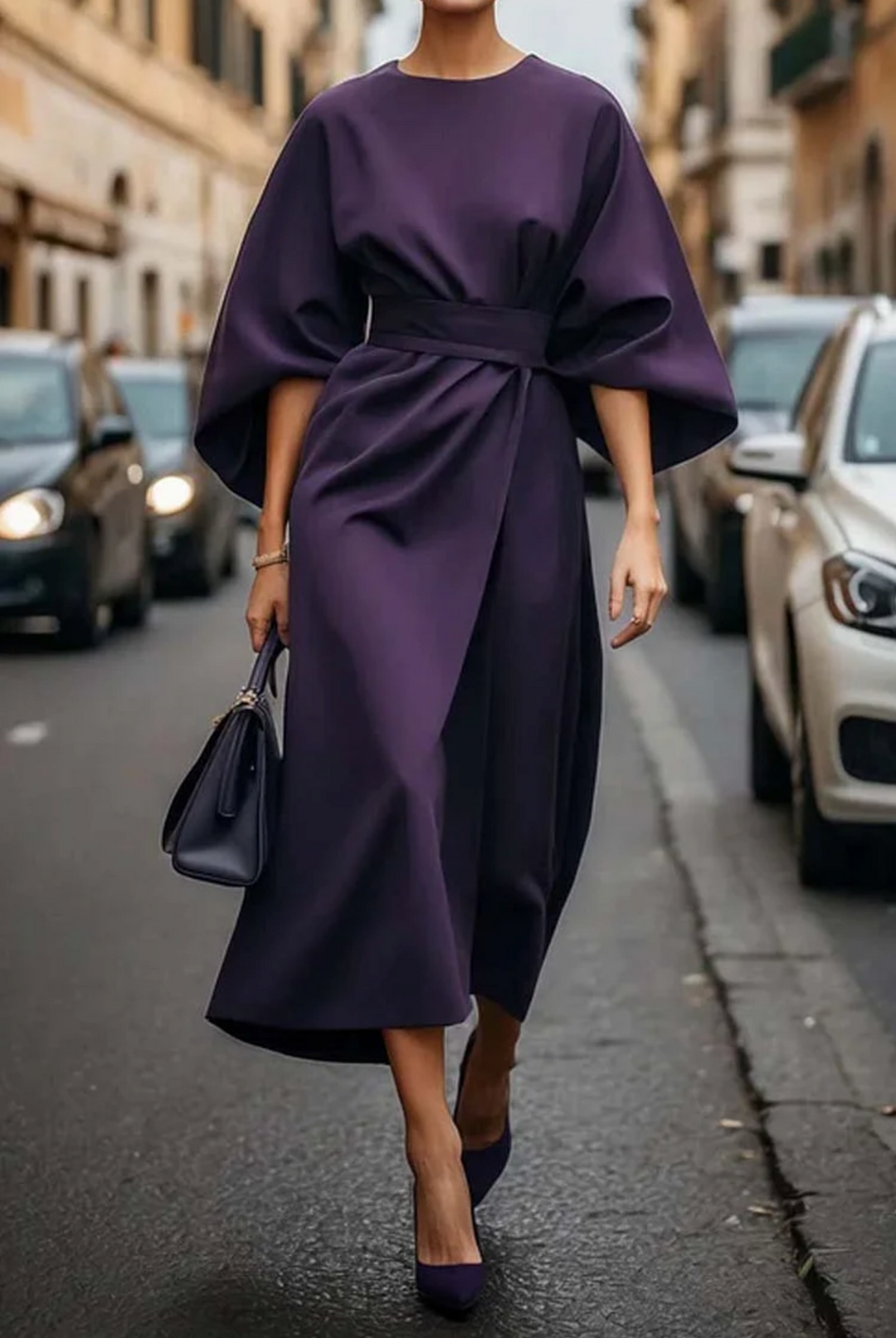 Stylish women's midi dress with flowy wide sleeves, modest round neck, and a cinched belted waist for comfort.
