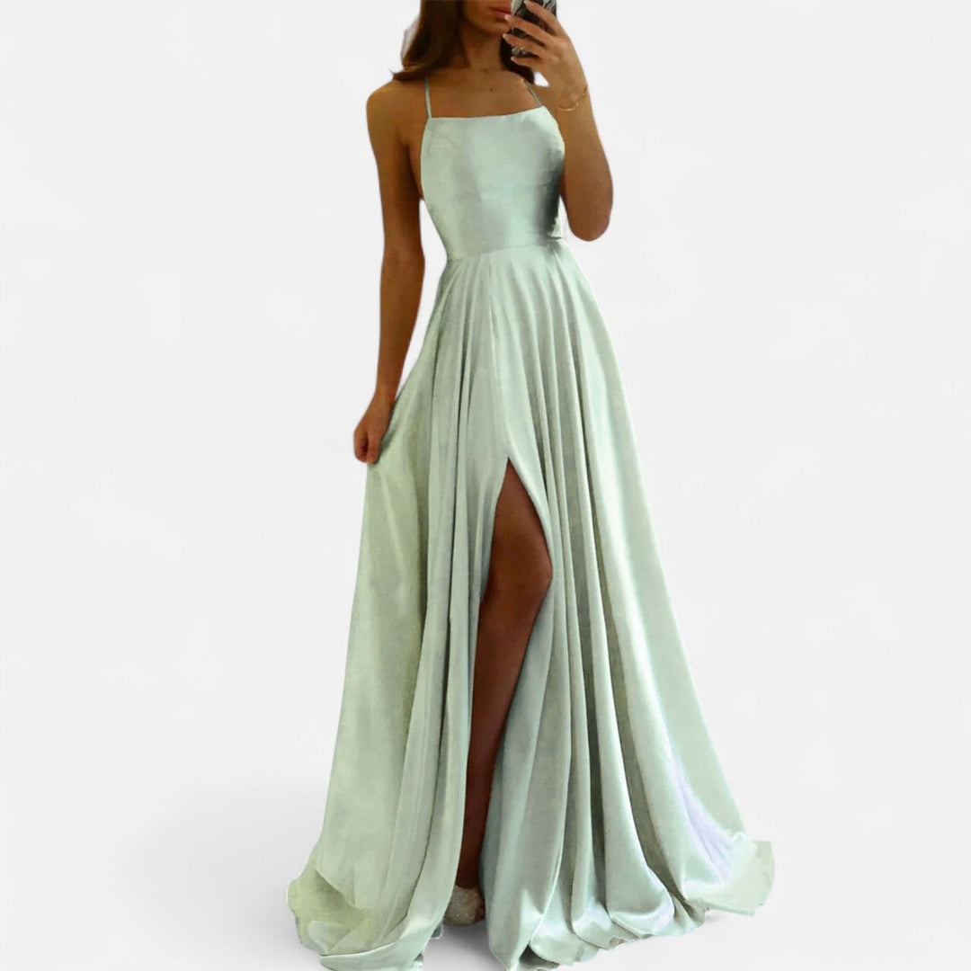 Elegant women's modern satin maxi dress with a sophisticated square neck and high slit, perfect for evenings