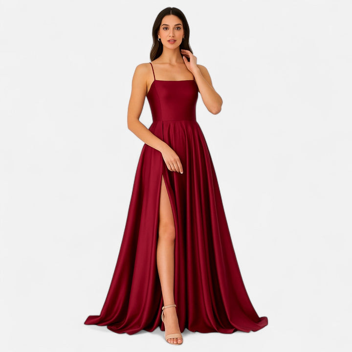 Maxi length women's satin dress with a chic square neckline and daring slit, a perfect evening gown