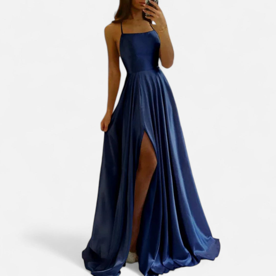 Formal women's wear: luxurious satin maxi dress boasting a contemporary square neck and attractive slit