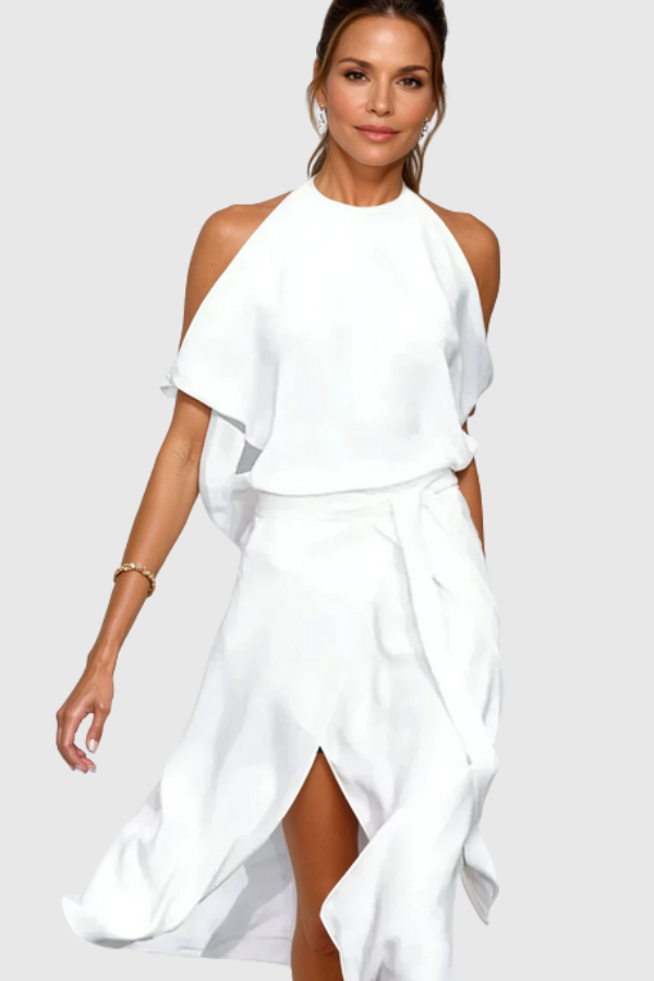 Elegant women's off-shoulder asymmetric midi dress, perfect for evening parties & formal events. Chic modern style.