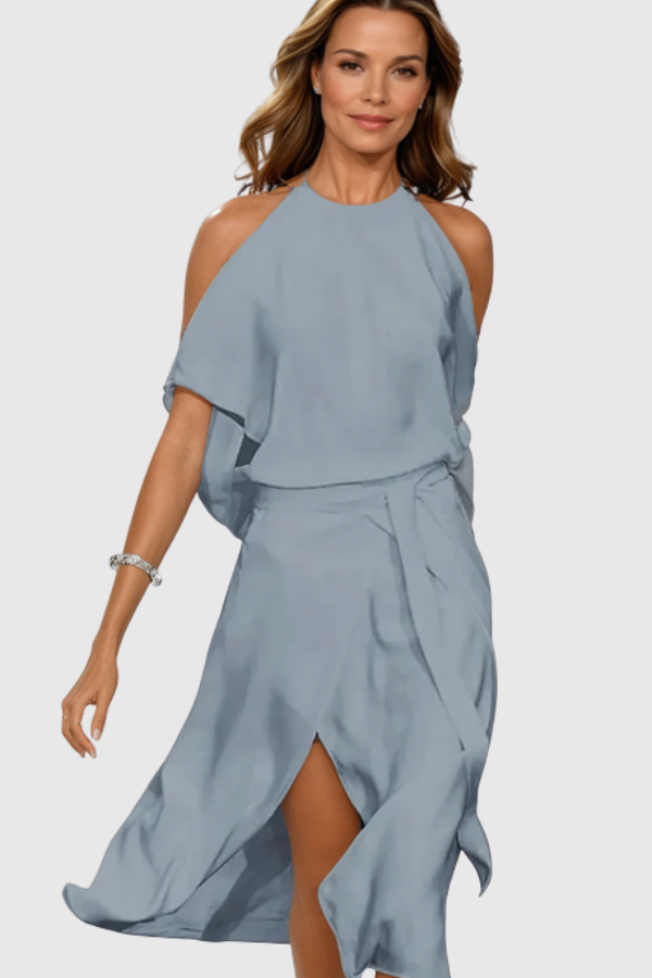 Chic women's off-shoulder asymmetric midi dress. Ideal for cocktail parties, evenings, & special occasions.