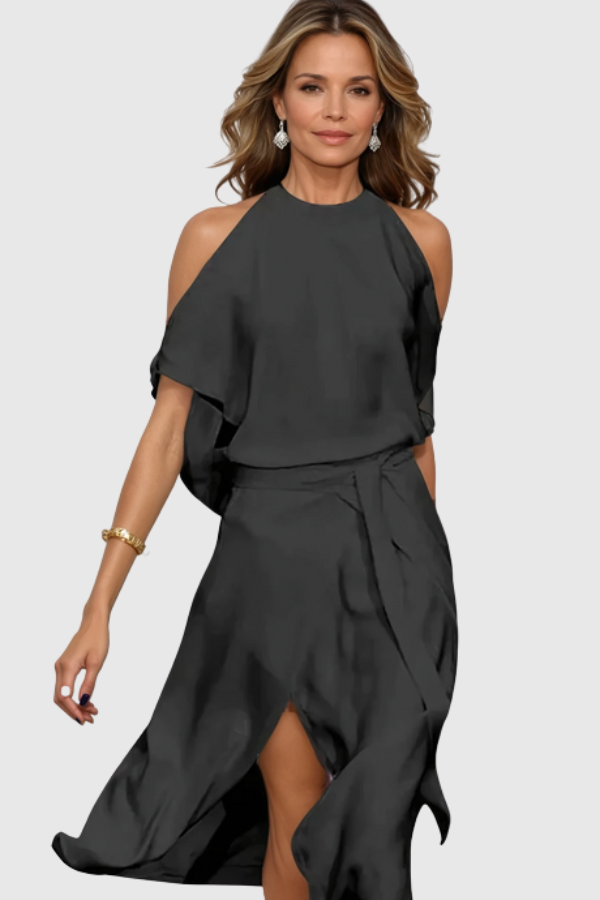 Modern women's elegant off-shoulder asymmetric midi dress, a stunning formal or party dress for a chic look.