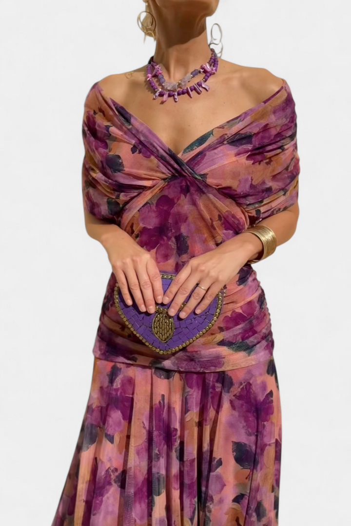 Draped elegant off-shoulder maxi dress for women, perfect as a wedding guest or formal evening gown.