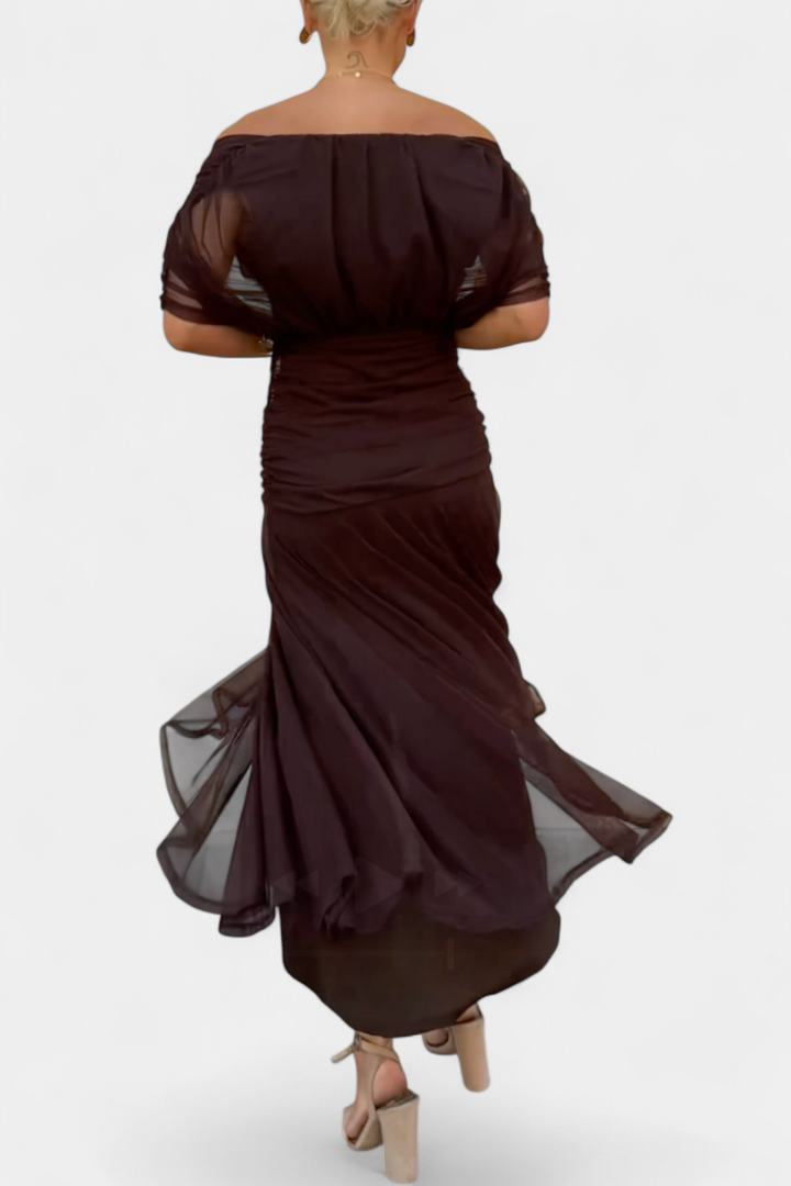 Elegant women's off-shoulder long maxi dress, perfect for wedding guests, parties & formal occasions.