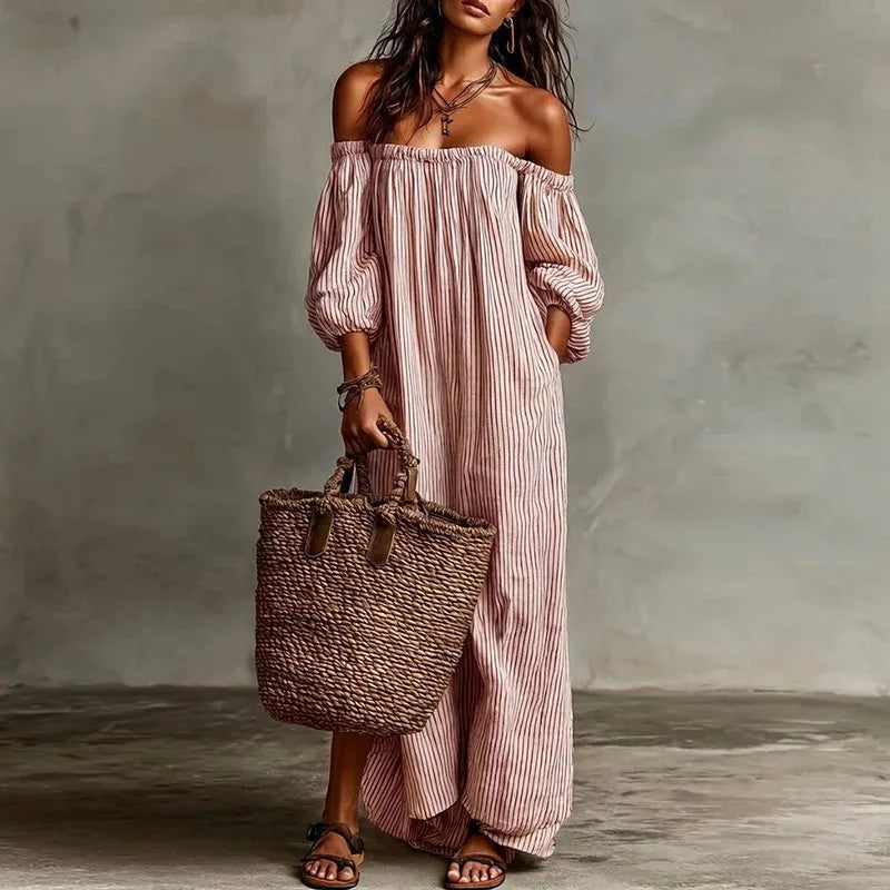 Comfortable off-shoulder maxi dress for women, an elegant summer dress perfect for vacation.