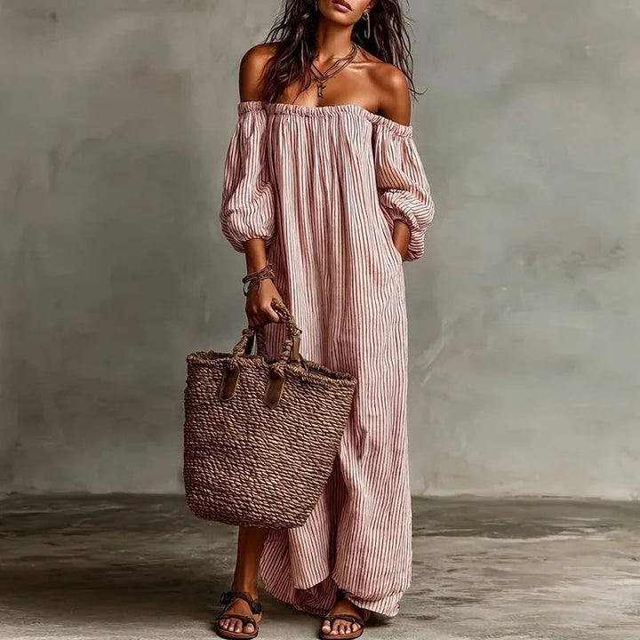 Comfortable off-shoulder maxi dress for women, an elegant summer dress perfect for vacation.
