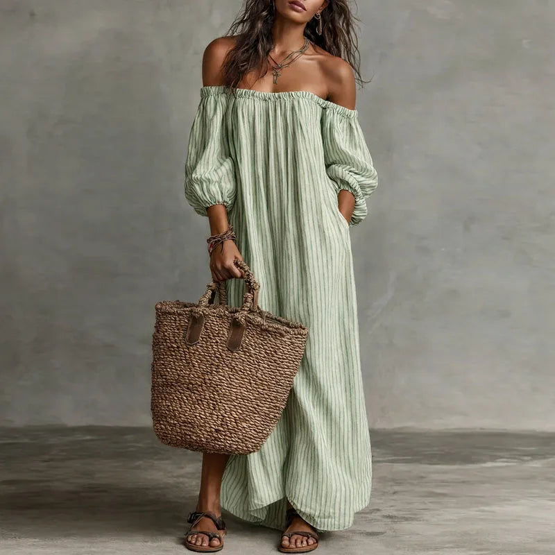 Flowy women's off-shoulder maxi dress, a comfortable and elegant summer dress with pockets.