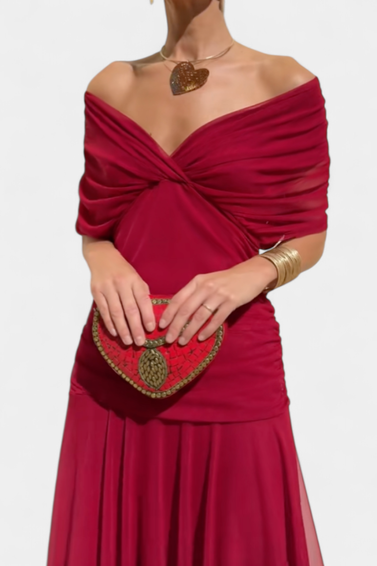 Women's fashionable off-shoulder ruched twist midi dress, perfect for a sophisticated evening look.