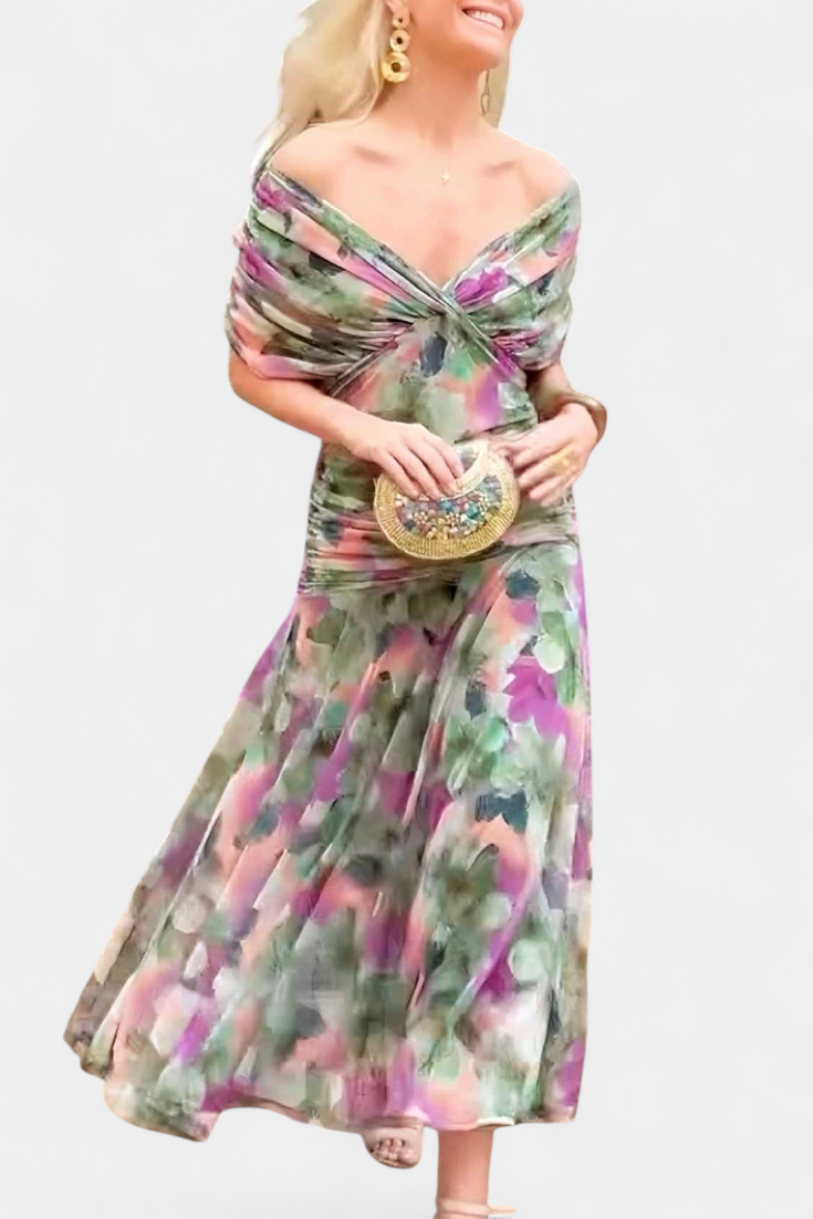 Stylish women's off-shoulder evening gown, featuring a flattering ruched design and elegant twist detail.