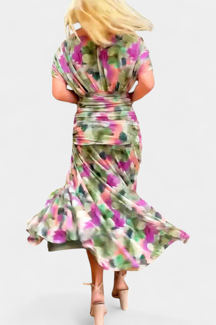 This women's off-shoulder ruched twist midi dress offers an elegant, flattering fit for any special occasion.