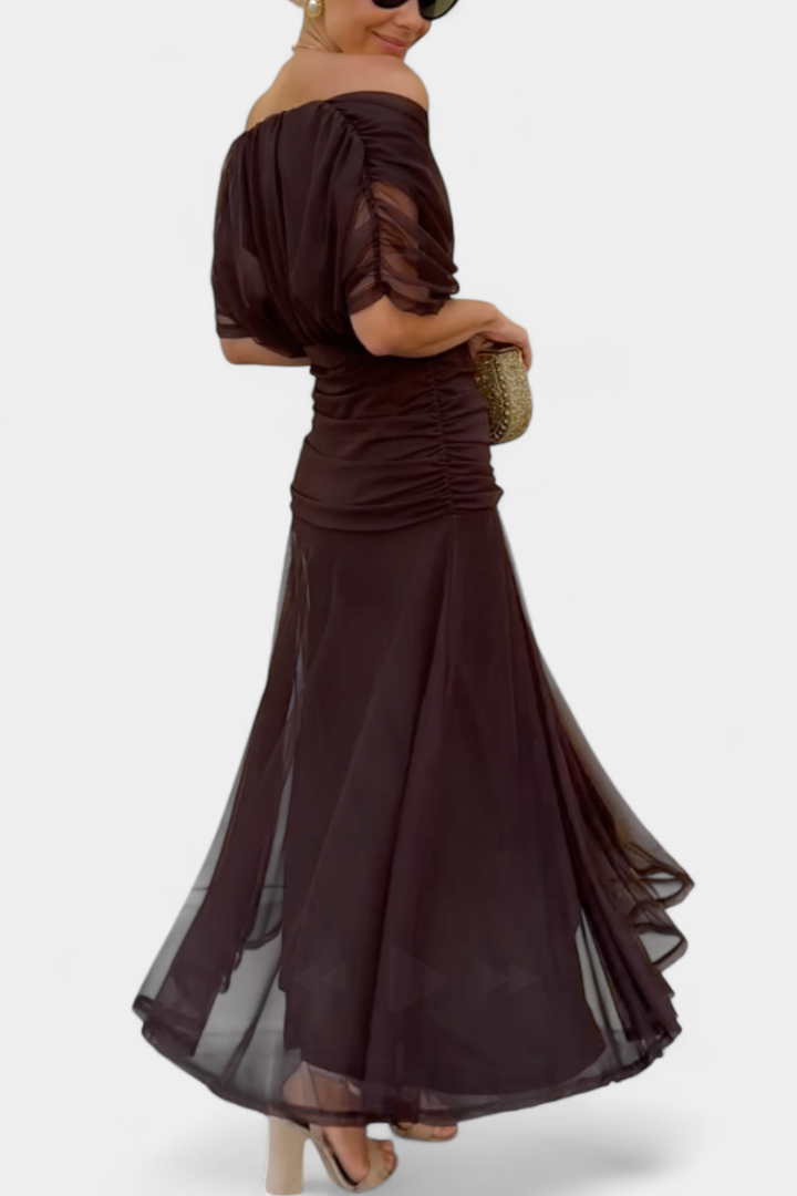 Sophisticated women's off-shoulder ruched twist midi dress. Ideal for special occasions and party wear.