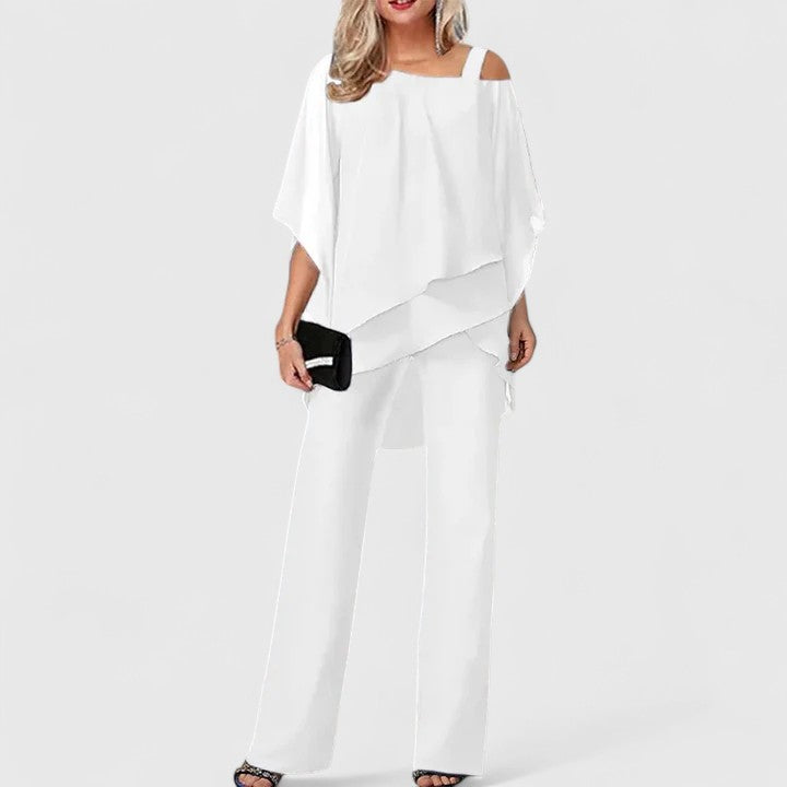 Sophisticated women's off shoulder top and matching wide leg pants, a comfortable yet elegant two piece set for events.