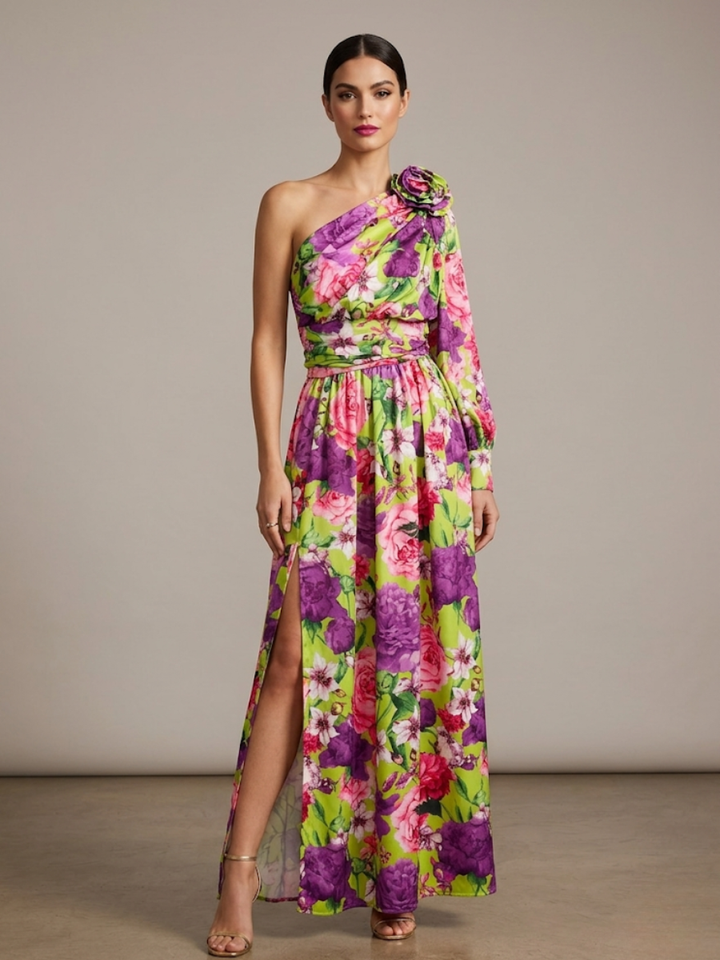 Women's elegant one shoulder maxi dress featuring a puff sleeve, floral print, and stylish leg slit.
