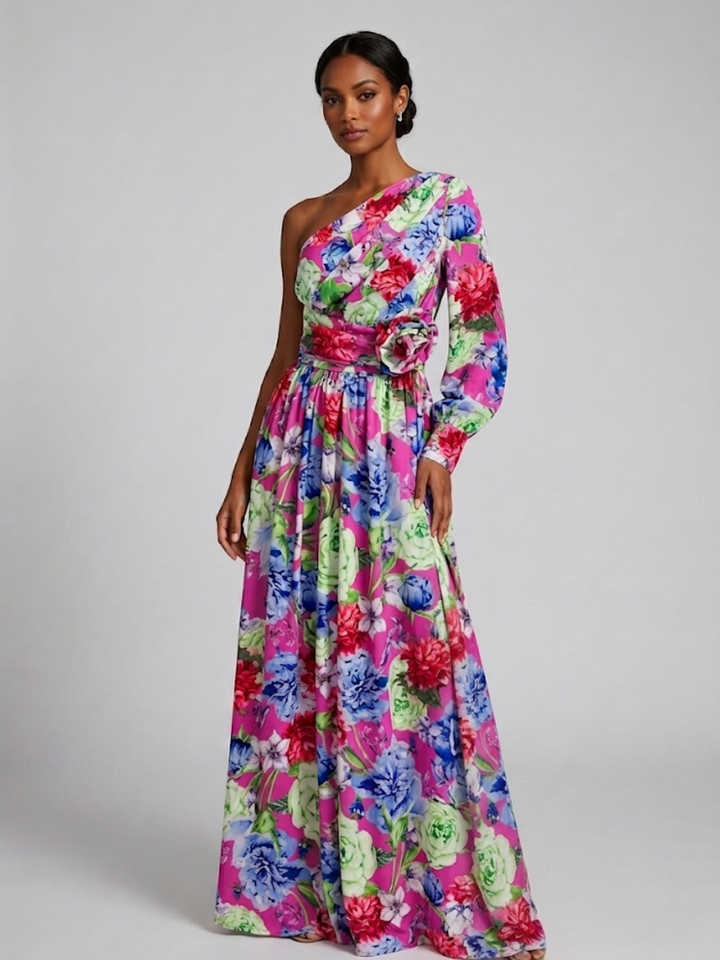 Stylish floral one-shoulder maxi dress for women, ideal for spring events or elegant summer evenings.