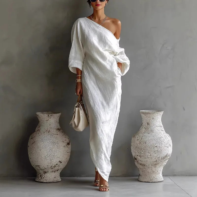 Elegant women's one-shoulder flowy dress, perfect for summer parties or chic casual wear.