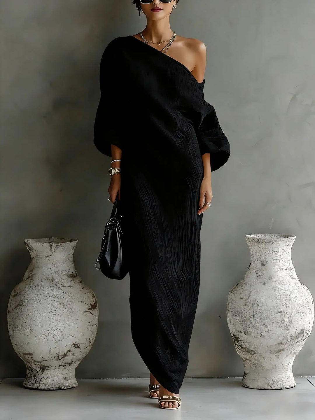 Beautiful women's asymmetrical flowy dress, a comfortable and chic one-shoulder choice with pockets.