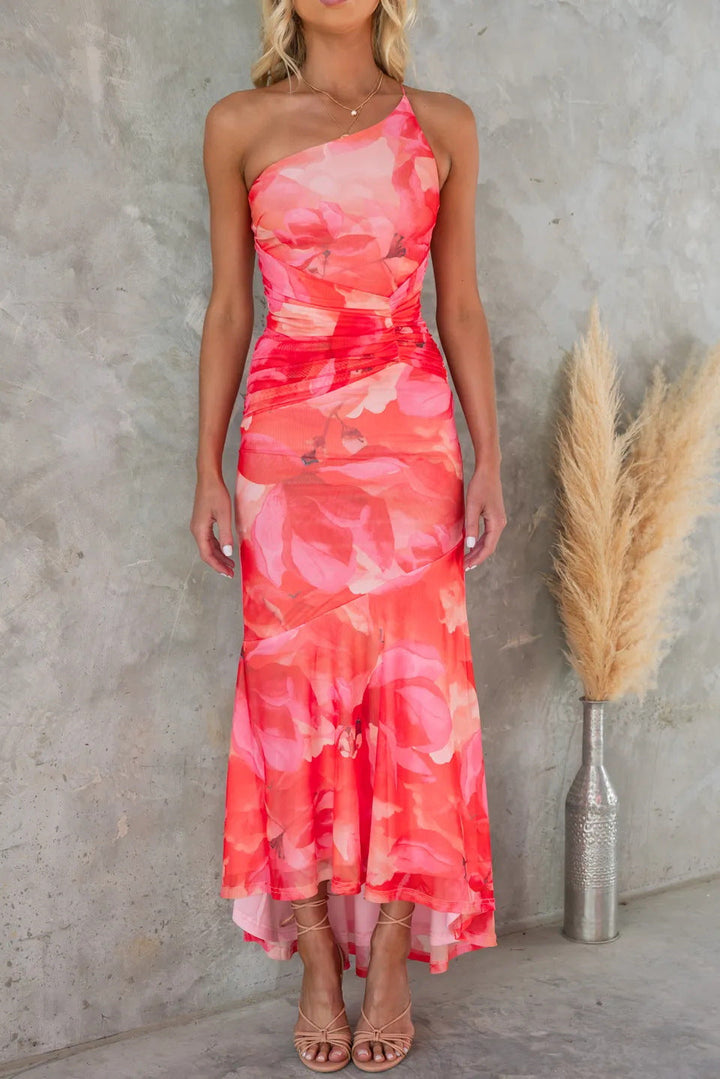 Purple floral printed one-shoulder maxi dress for women, an elegant choice for a wedding guest or special occasion.