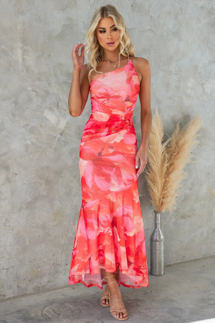 Stylish women's one-shoulder maxi dress with floral print, ideal formal wear for wedding guests & elegant parties.