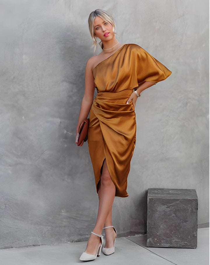 Stylish women's evening dress, one shoulder wrap midi length, suitable for special occasions.