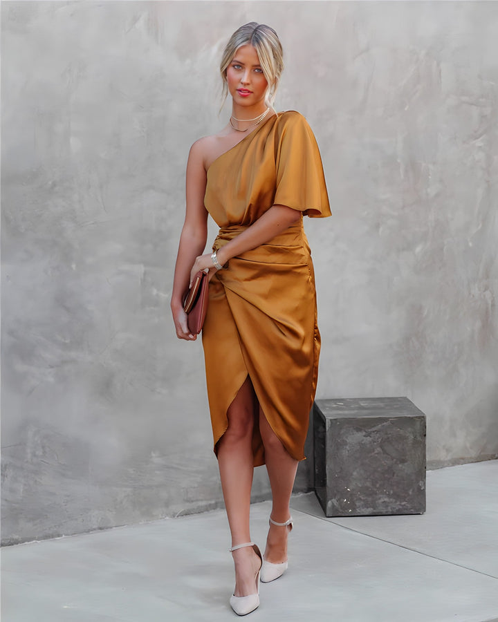 Women's elegant party dress: one shoulder midi with a chic wrap accent in luxurious satin.