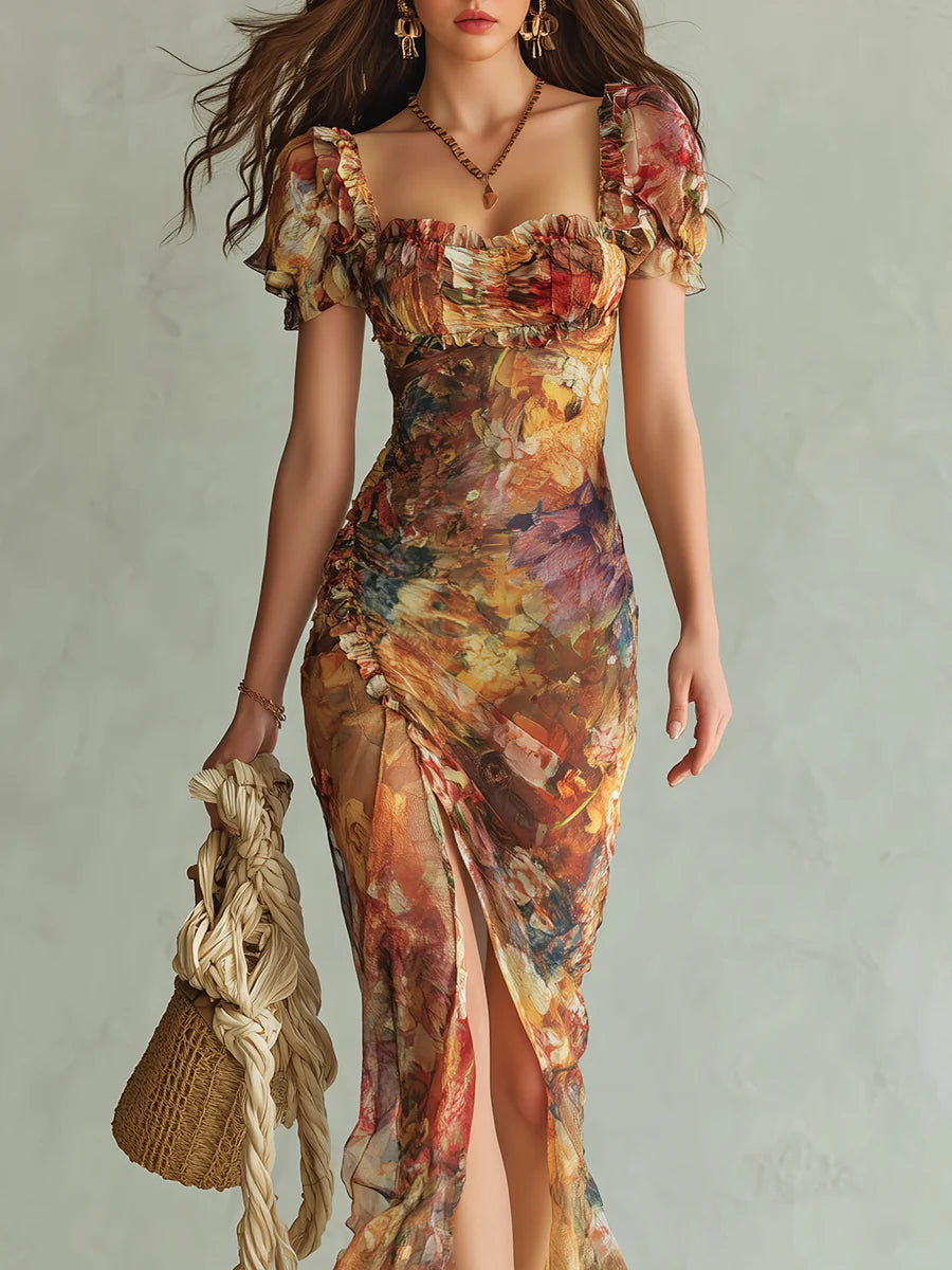 Formal women's orange floral maxi dress, sweetheart neck, ruched bodice, and flowy skirt for elegant summer galas.