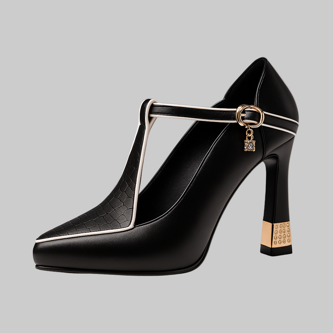Elegant women's orthopedic T-strap heels with square heel for all-day comfort & style. Perfect dress shoes.