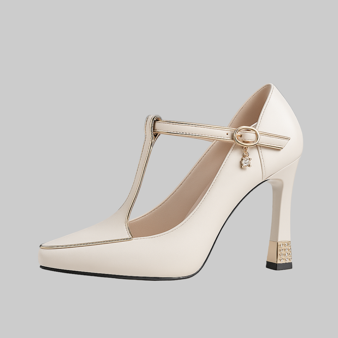 Stylish women's orthopedic fashion heels with adjustable T-strap & comfy square heel. Versatile dress shoes.