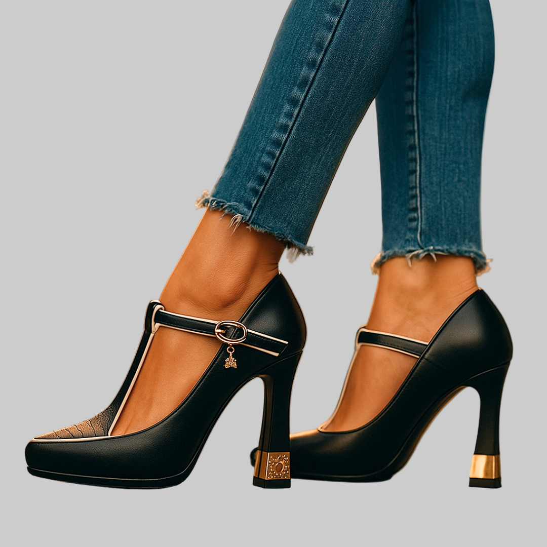 Comfortable women's orthopedic heels, T-strap design, square heel. Support for all-day wear. Elegant shoes.