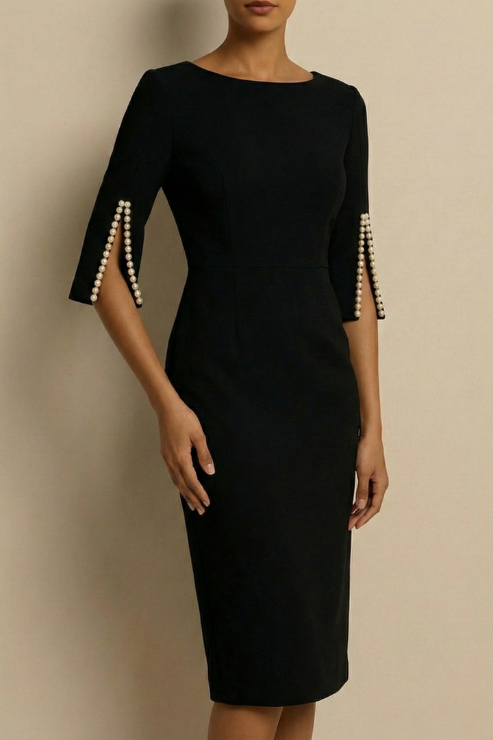 Stylish bodycon midi dress featuring delicate pearl trim & chic split sleeves, ideal for special occasions.