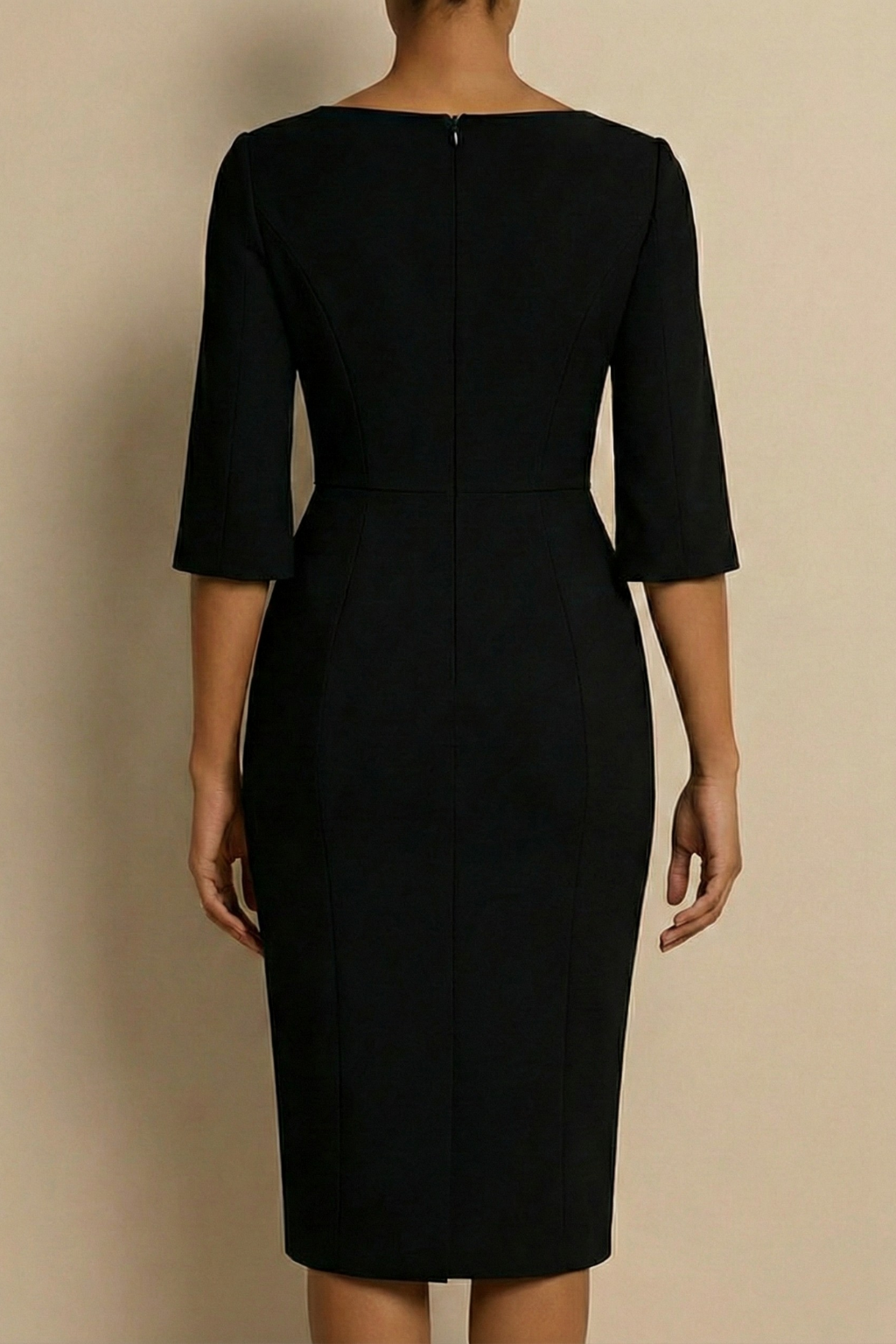 Form-fitting women's midi dress with intricate pearl detailing and fashionable split sleeves for a formal look.