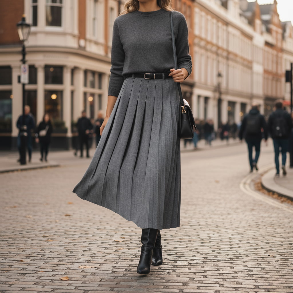 Elegant women's pleated belted midi skirt in a versatile solid color, perfect for spring fashion.