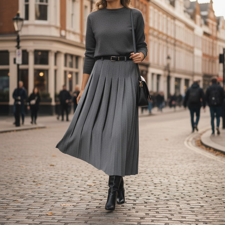 Elegant women's pleated belted midi skirt in a versatile solid color, perfect for spring fashion.