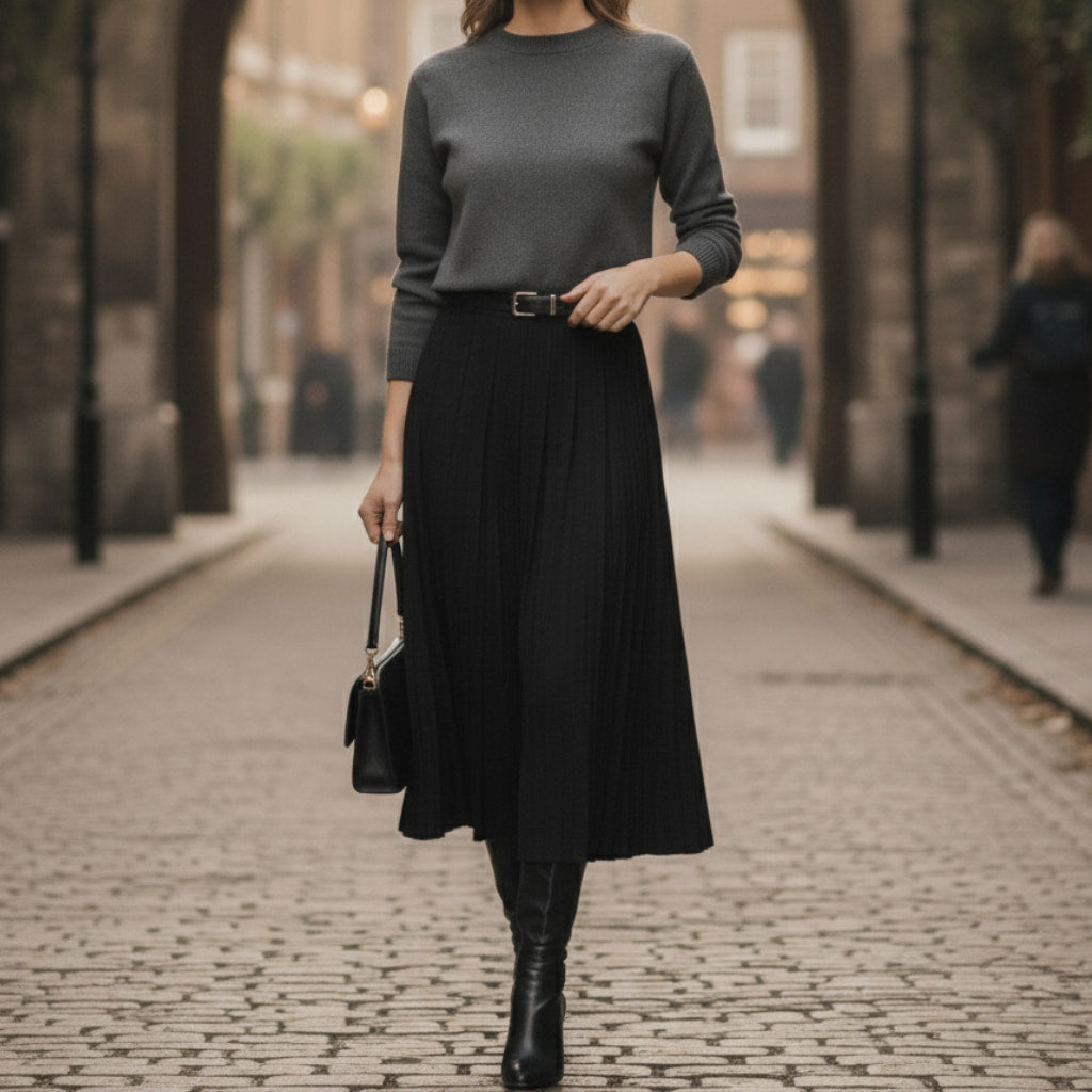 Versatile women's pleated and belted midi skirt, offering an elegant silhouette for various occasions.