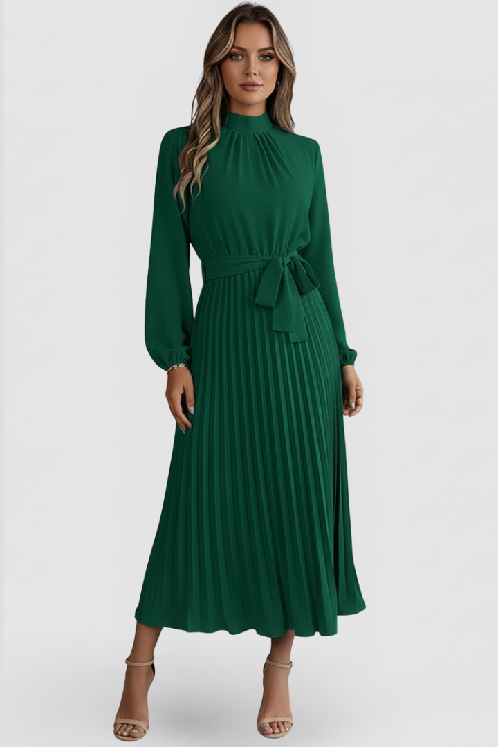 Stylish pleated long sleeve dress for women, with a flattering waist tie, suitable for various occasions.