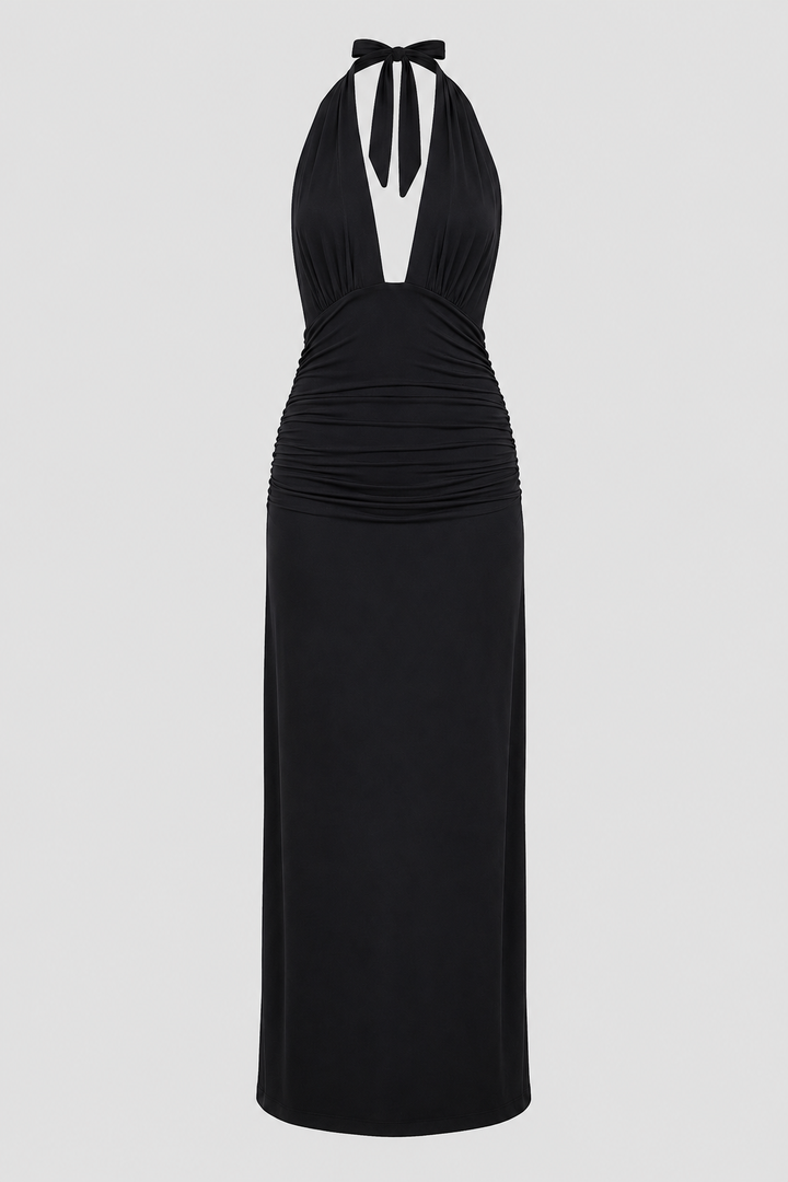 Elegant Women's Plunge Halter Maxi Dress with an open back, perfect for evening events.