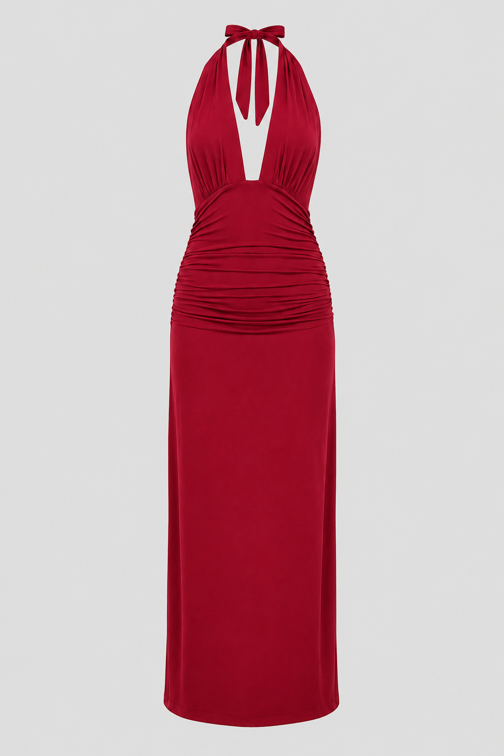 Elegant women's special occasion dress, a plunge halter maxi gown with a graceful open-back design.