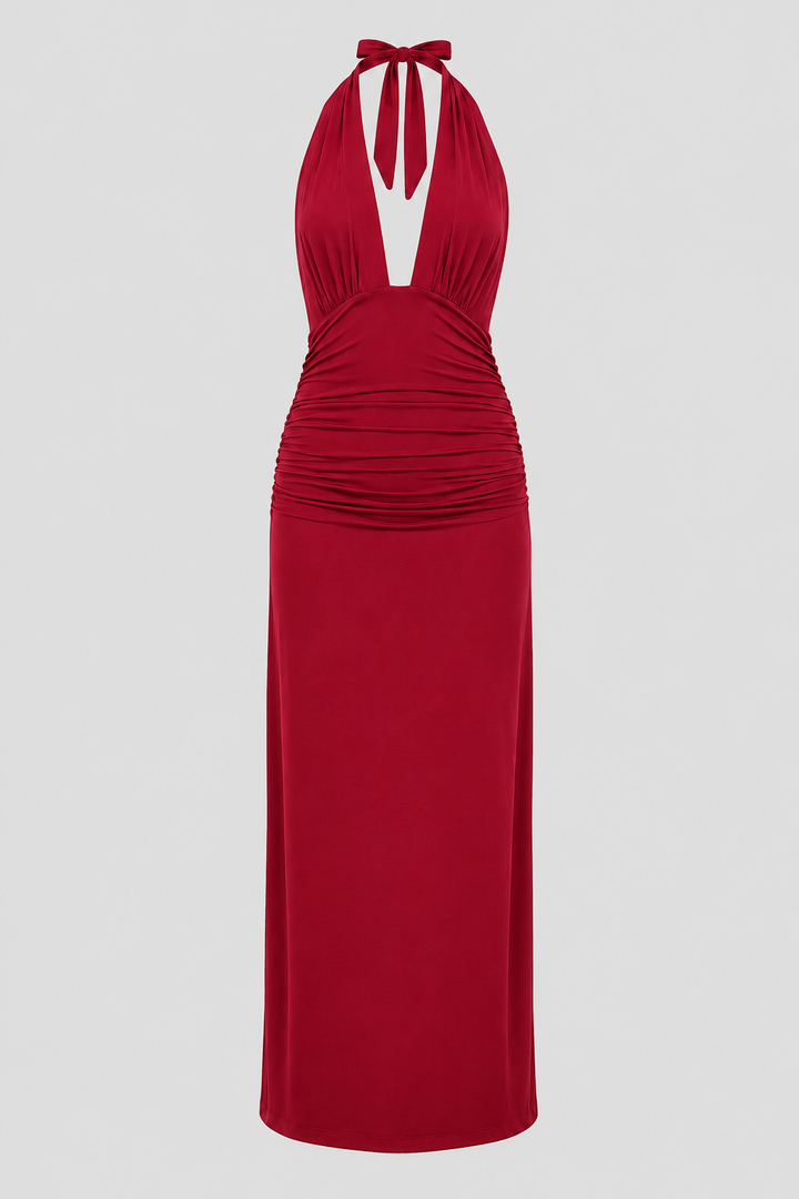 Elegant women's special occasion dress, a plunge halter maxi gown with a graceful open-back design.