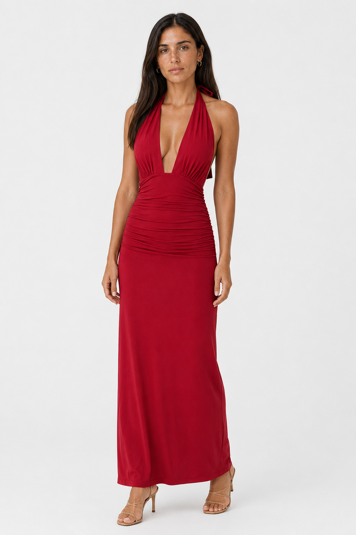 Women's Plunge Halter Maxi Dress. Elegant evening gown with open back & floor-length skirt.