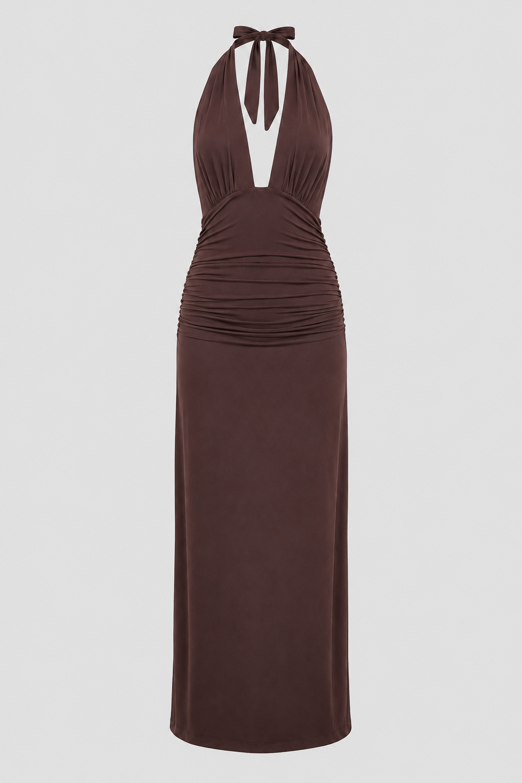 Stunning women's formal halter dress featuring a deep plunge neckline & alluring open back. Maxi length.