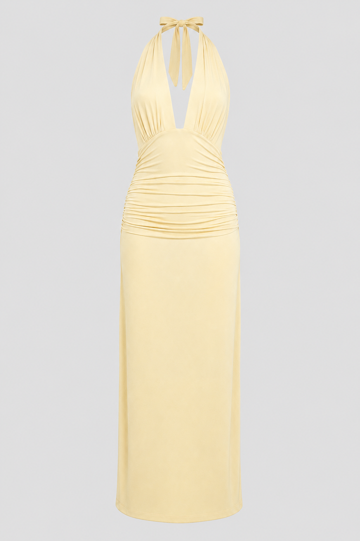 Trendy women's fashion: a plunge halter maxi dress, perfect as an elegant open-back evening gown.