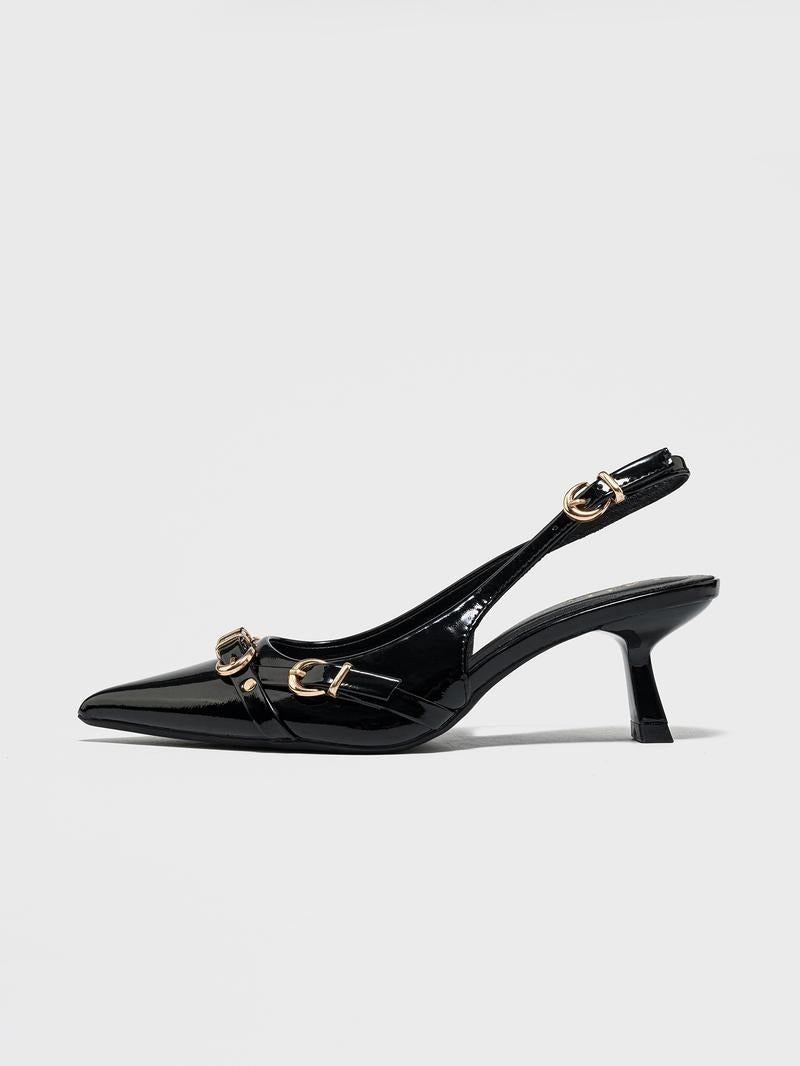 Elegant women's pointed toe patent black slip-on heels with comfortable design, perfect for dress occasions