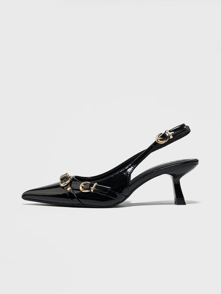 Elegant women's pointed toe patent black slip-on heels with comfortable design, perfect for dress occasions