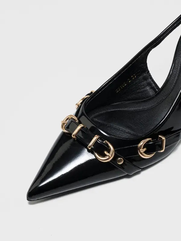 Stylish women's pointed toe patent high heels with a subtle buckle detail, ideal for formal wear