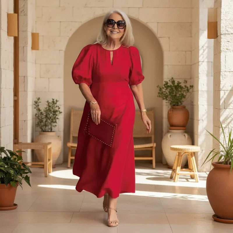 Elegant women's puff-sleeve midi dress. Perfect for timeless style & special occasions.